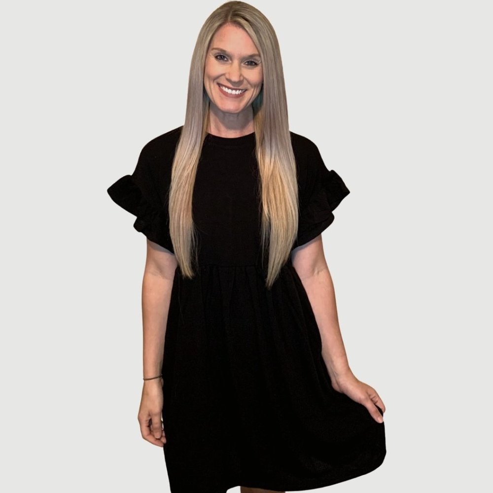 Peplum Ruffle Sleeves French Knit Dress Black
